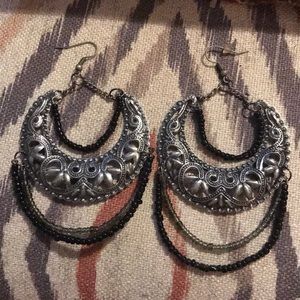 Silver and black hoop dangle earrings